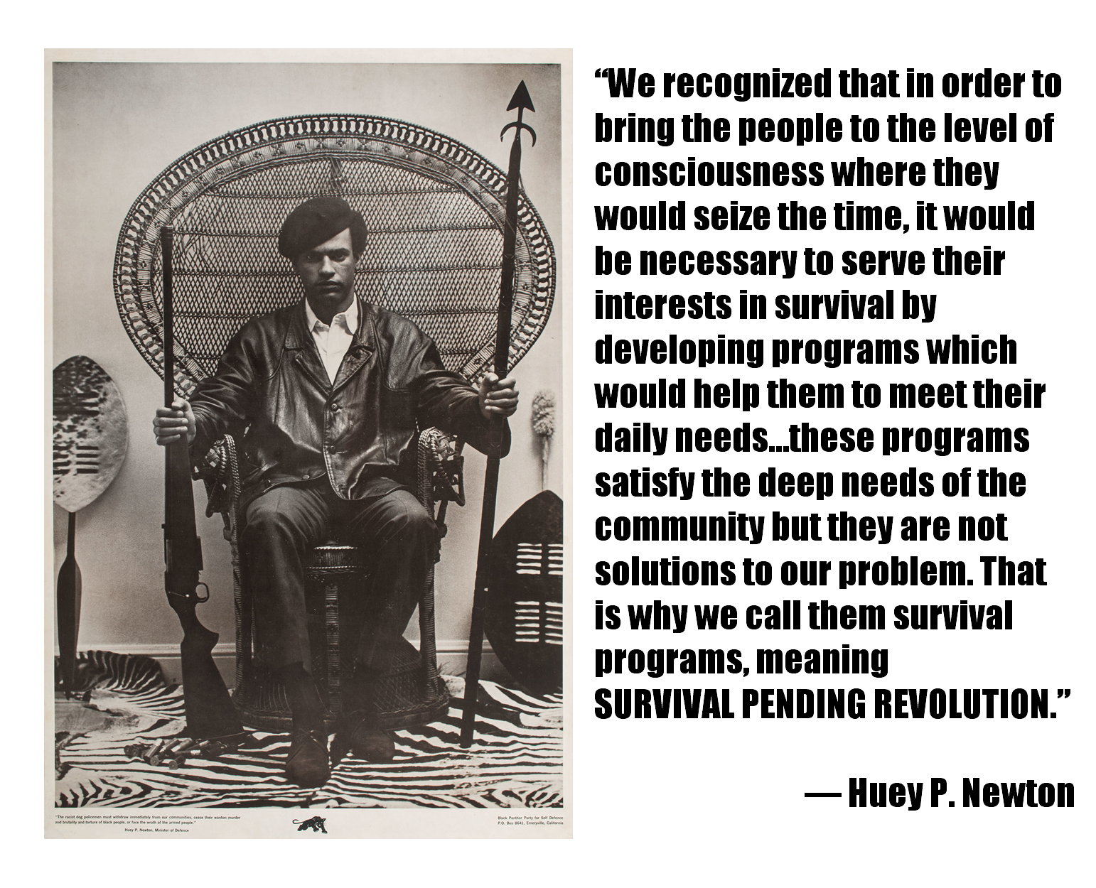 This meme features a photo of a Black Panther Party member, likely Huey P. Newton, sitting in a chair with a rifle and a book. The image is captioned with a quote from Huey P. Newton, the co-founder of the Black Panther Party, which reads: "You can kill a man, but you can't kill the revolution."
